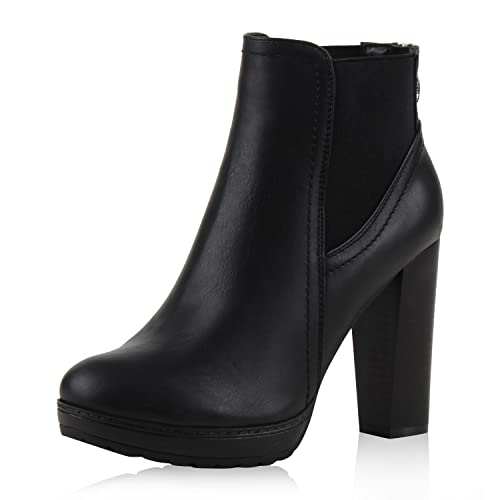 Damen Ankle Boots Plateau Stiefeletten Zipper Holzoptikabsatz Schuhe 111135 Schwarz 36 Flandell von stiefelparadies