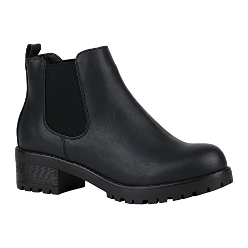 Damen Chelsea Boots Blockabsatz Plateau Stiefeletten Leder-Optik Schuhe 149626 Schwarz Camiri 36 Flandell von stiefelparadies