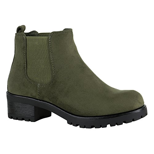 Damen Chelsea Boots Blockabsatz Plateau Stiefeletten Leder-Optik Schuhe 149629 Dunkelgrün Velours 36 Flandell von stiefelparadies