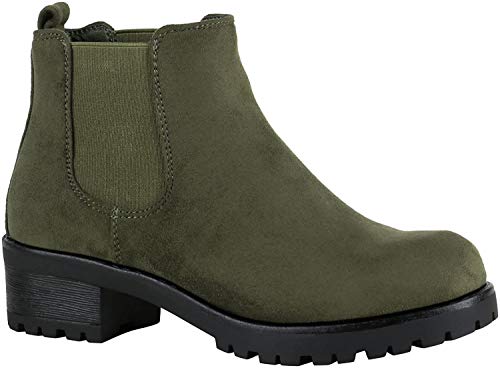 Damen Chelsea Boots Blockabsatz Plateau Stiefeletten Leder-Optik Schuhe 149629 Dunkelgrün Velours 37 Flandell von stiefelparadies