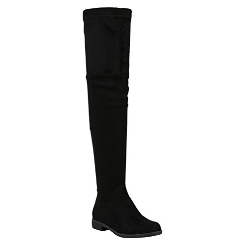 stiefelparadies Damen Leicht Gefütterte Langschaftstiefel Overknees Velours Boots Schuhe 150335 Schwarz Schleifen Brooklyn 36 Flandell von stiefelparadies