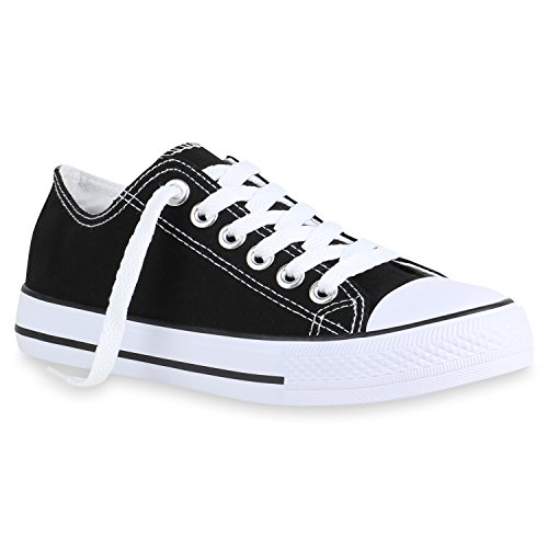 stiefelparadies Damen Schuhe Sneaker Low Basic Turnschuhe Freizeit Schnürer Stoff Schuhe 156275 Schwarz Cabanas 37 Flandell von stiefelparadies