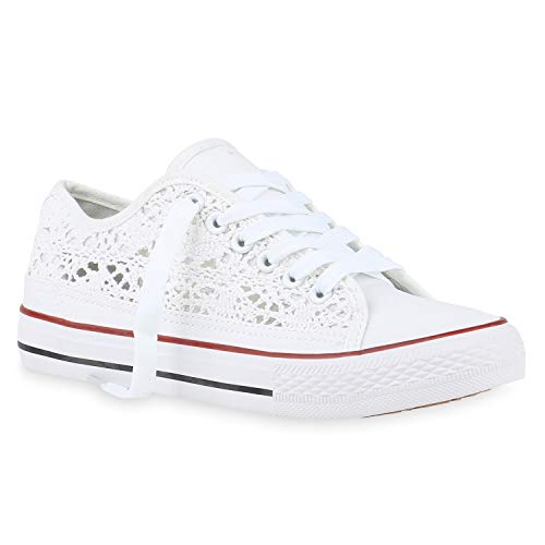 stiefelparadies Damen Sneaker Low Turnschuhe Schnürer Spitzenstoff Schuhe Modische Stoff Freizeitschuhe 184949 Weiss Spitze 36 Flandell von stiefelparadies