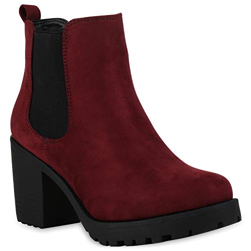 Damen Stiefeletten Chelsea Boots Profilsohle Schuhe 115635 Burgund 36 Flandell von stiefelparadies