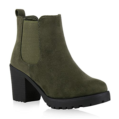 Damen Stiefeletten Chelsea Boots Profilsohle Schuhe 121517 Dunkelgrün 37 Flandell von stiefelparadies