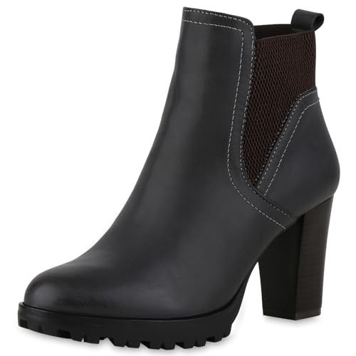 Gefütterte Chelsea Boots Damen Block Absatz Stiefeletten 123532 Grau Bernice 40 Flandell von Stiefelparadies