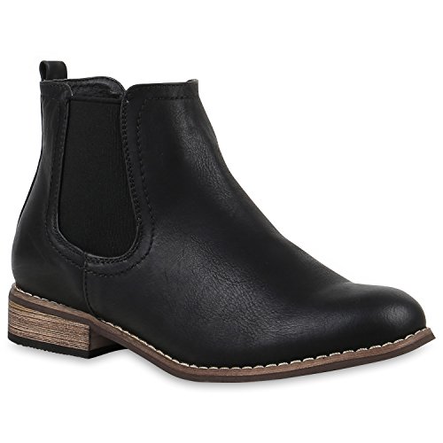 stiefelparadies Damen Stiefeletten Chelsea Boots Gefütterte Ankle Booties Leder-Optik Schuhe Klassisch 121387 Schwarz Braun Agueda 38 Flandell von stiefelparadies