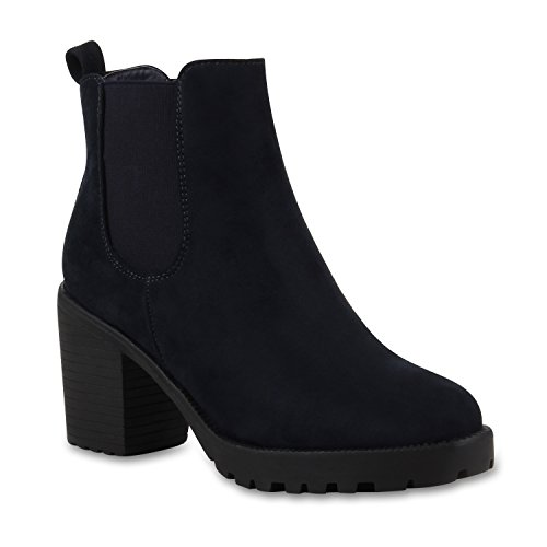 stiefelparadies Damen Stiefeletten Chelsea Boots Wildleder-Optik Schuhe High Heel Kurzschaft-Stiefel Booties 110407 Marine Blau 36 Flandell von stiefelparadies