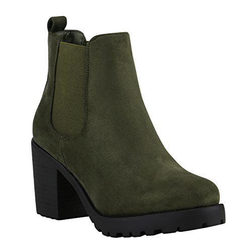 stiefelparadies Damen Stiefeletten Chelsea Boots Wildleder-Optik Schuhe High Heel Plateau Booties Profil 142179 Dunkelgrün Schwarz 37 Flandell von stiefelparadies