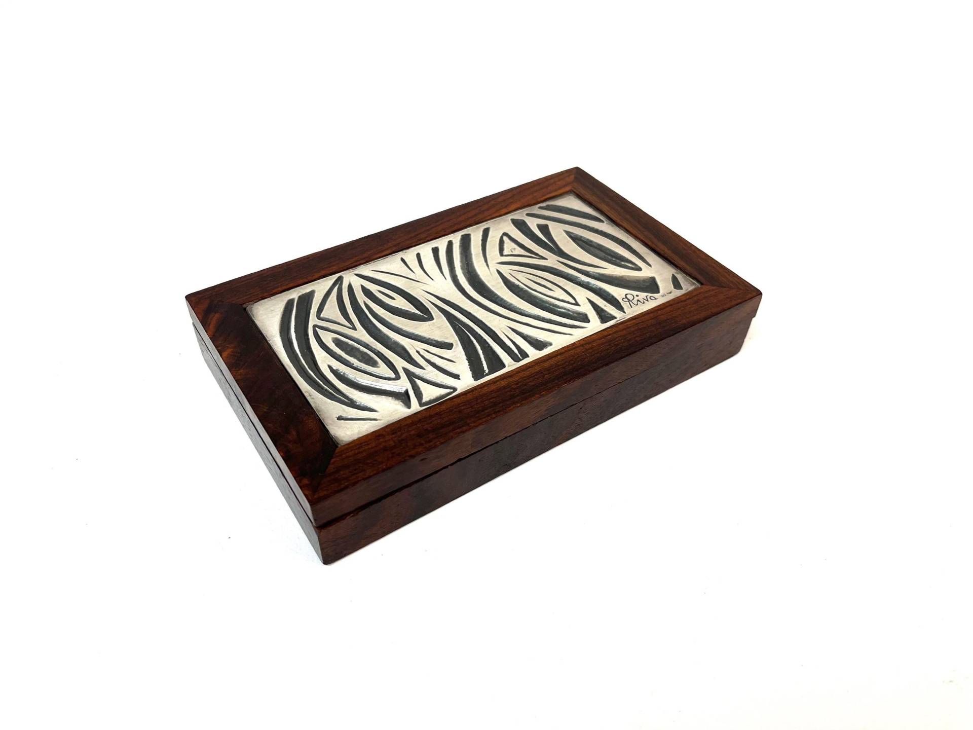 stunning Mid Cenury Teak & Abstract 925 Silver Jewelry Box By Artist Riva Italy 1960 von StilelementeGALLERY