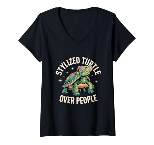 Damen Stylisierte Schildkröte über Menschen psychedelische T-Shirt mit V-Ausschnitt von Stilisierte Schildkröte über Menschen Tee