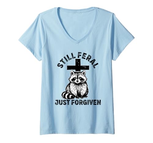 Damen Immer noch wild, nur vergebener Waschbär, christlicher Glaube, Jesus T-Shirt mit V-Ausschnitt Damen Immer noch wild, nur vergebener Waschbär, christlicher Glaube, Jesus T-Shirt mit V-Ausschnitt von Still Feral Just Forgiven Christian New Believer