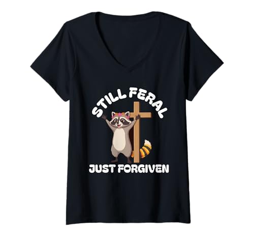 Damen Immer noch wild, nur vergebener Waschbär, christlicher Glaube, Jesus T-Shirt mit V-Ausschnitt Damen Immer noch wild, nur vergebener Waschbär, christlicher Glaube, Jesus T-Shirt mit V-Ausschnitt von Still Feral Just Forgiven Christian New Believer