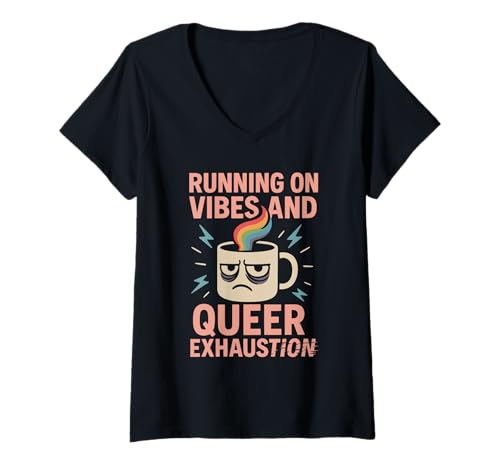 Damen Queer Tired LGBTQ Humor Burnout Pride Pastell Protest Rage T-Shirt mit V-Ausschnitt von Still Here Identity Rainbow Tiredness Queer Soft