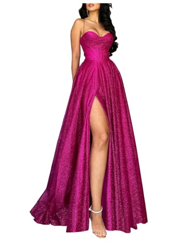 Stillluxury Glitzer Lang Ballkleid mit Schlitz Spaghettiträger Abendkleid A Linie Hochzeitsgast Kleid PM94, A-hot Pink, 34 von Stillluxury