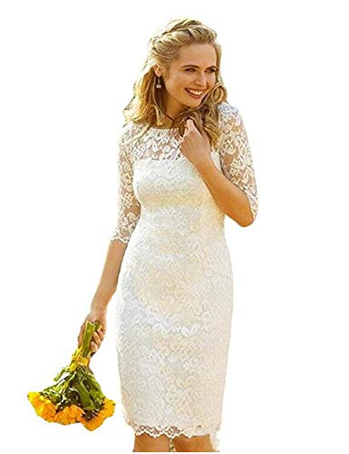Stillluxury Knielanges Abendkleid aus Spitze für Frauen Hochzeit Halbarm Brautkleid W52 Gr. 46, elfenbeinfarben von Stillluxury