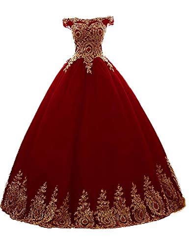 Stillluxury Tüll Quinceanera Ballkleid Gold Applikationen Sweet 16 Prom Prinzessin Kleider Lang Frauen Quc14, Burgund C, 40 von Stillluxury