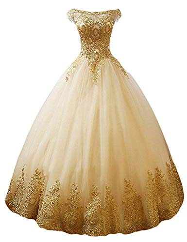 Stillluxury Tüll Quinceanera Ballkleid Gold Applikationen Sweet 16 Prom Prinzessin Kleider Lang Frauen Quc14, Champagner C, 34 von Stillluxury