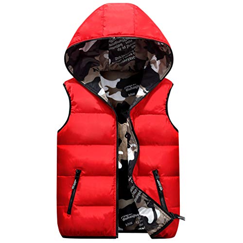 Winterjacke für Kinder, Baby Tarnung Daunenweste Jungen Mädchen Ärmellos down Jacket mit Kapuze Kinderjacke Wendejacke Thermoweste Für Radfahren,Bergwander,Laufen,Familienkleidung (12T, Rot) von Stillshine