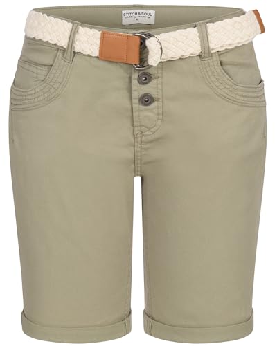 Damen Short Bermuda Kurze Hose Sommer Chino Stoff Hose mit Gürtel Neu, Hosengröße:3XL (46), Farbe:Olive von Stitch & Soul