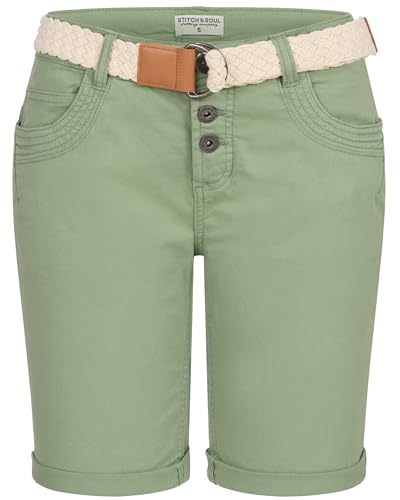 Damen Short Bermuda Kurze Hose Sommer Chino Stoff Hose mit Gürtel Neu, Hosengröße:M / 38, Farbe:Grün von Stitch & Soul