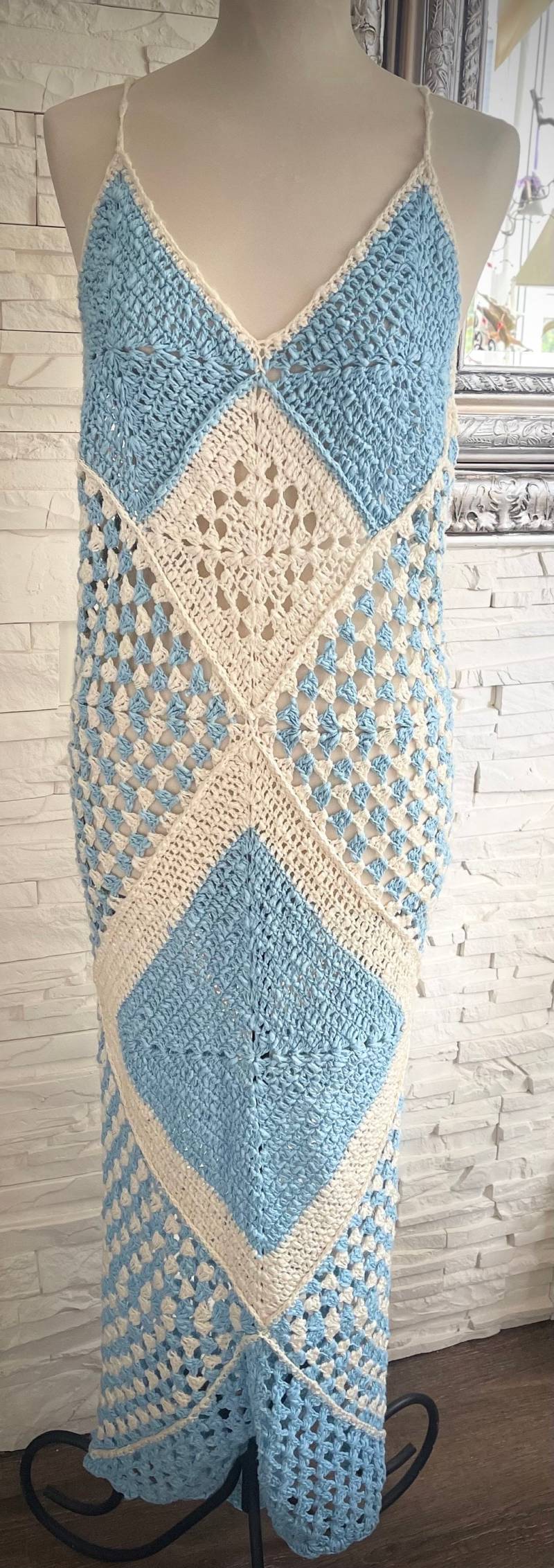 Handgefertigtes Boho-strandkleid Aus Baumwolle Und Viskose, Größe 40-42, Blau Creme von StitchSonata