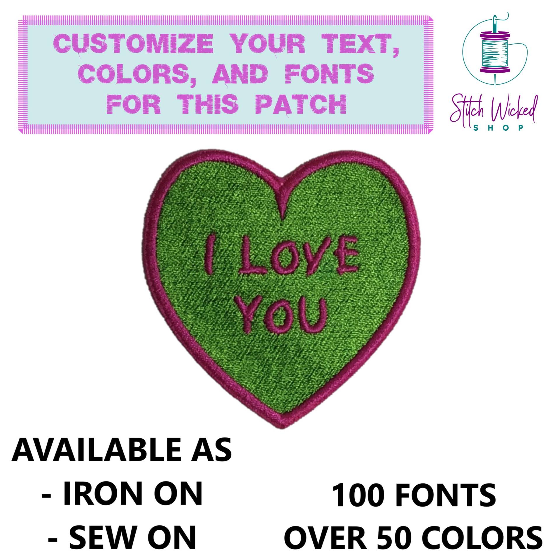 Benutzerdefinierter Herz-Text-Aufnäher, Benutzerdefinierter Gestickter Aufnäher, Herz-Aufnäher, Aufbügeln Und Aufnähen Auf Text-Patches, Wählen von StitchWickedShop