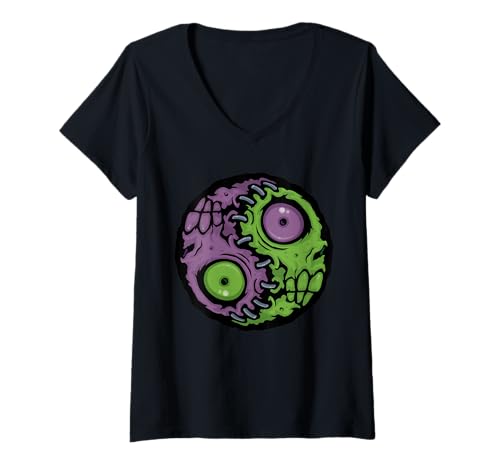 Damen Untote Balance: gruselig genähtes Zombie-Yin-Yang-Symbol T-Shirt mit V-Ausschnitt Damen Untote Balance: gruselig genähtes Zombie-Yin-Yang-Symbol T-Shirt mit V-Ausschnitt von Stitched in Decay: Zombie Yin Yang Design