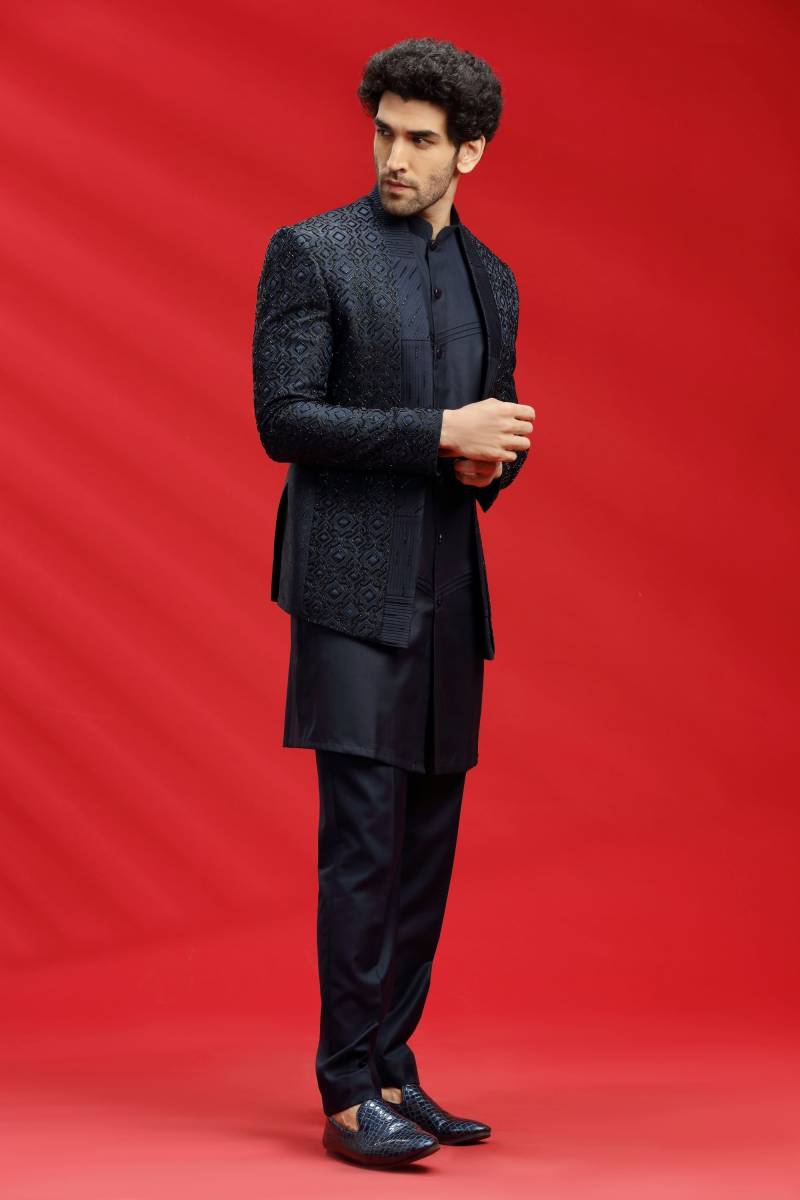 Marineblauer Jacquard Herren Jodhpuri Anzug Bestickte Nehru Jacke von StitcheryUK