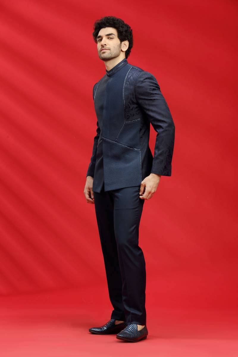 Marineblauer Jacquard Herren Jodhpuri Anzug Bestickte Nehru Jacke von StitcheryUK