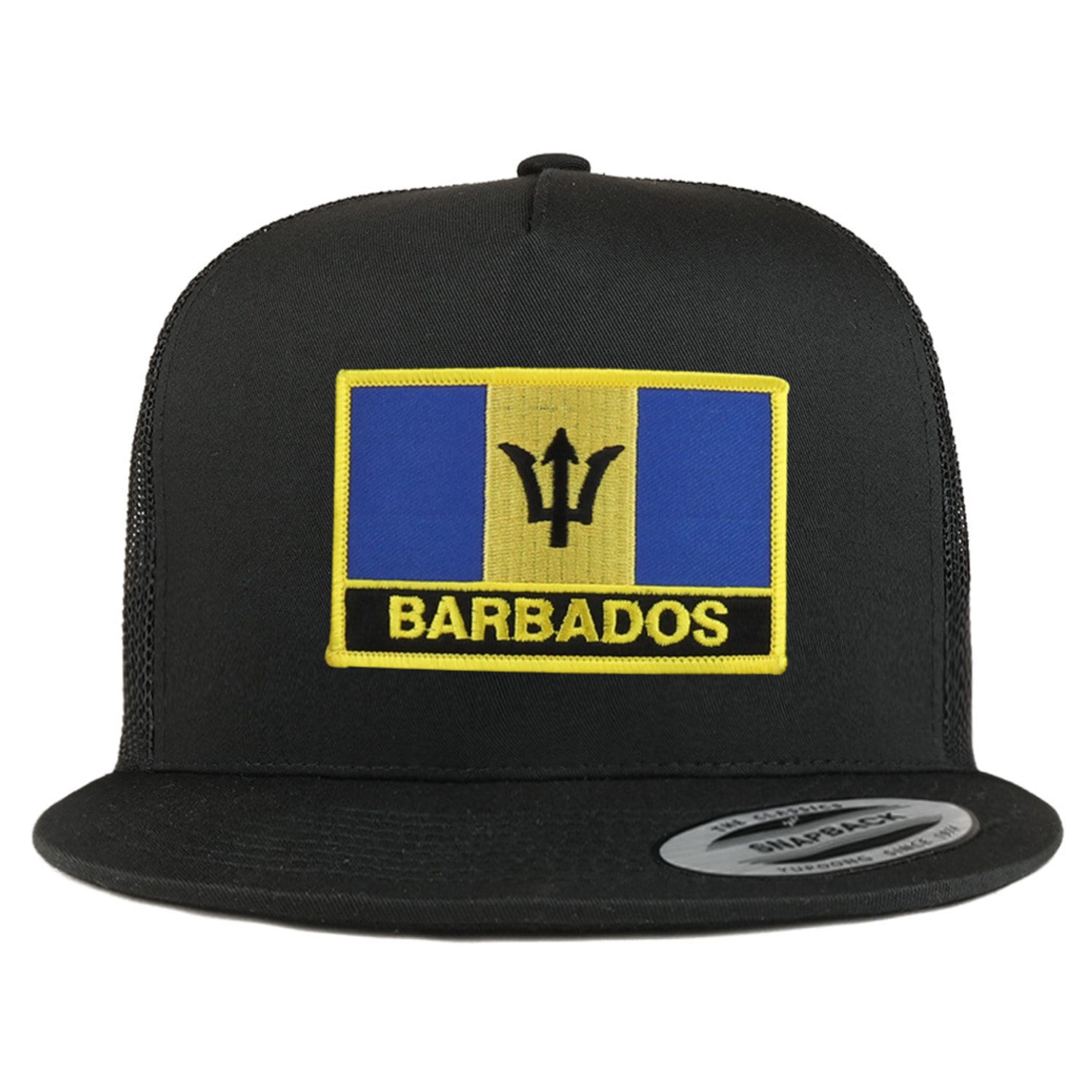 stitchfy Barbados Flagge 5 Panel Flatbill Trucker Mesh Cap von Stitchfy