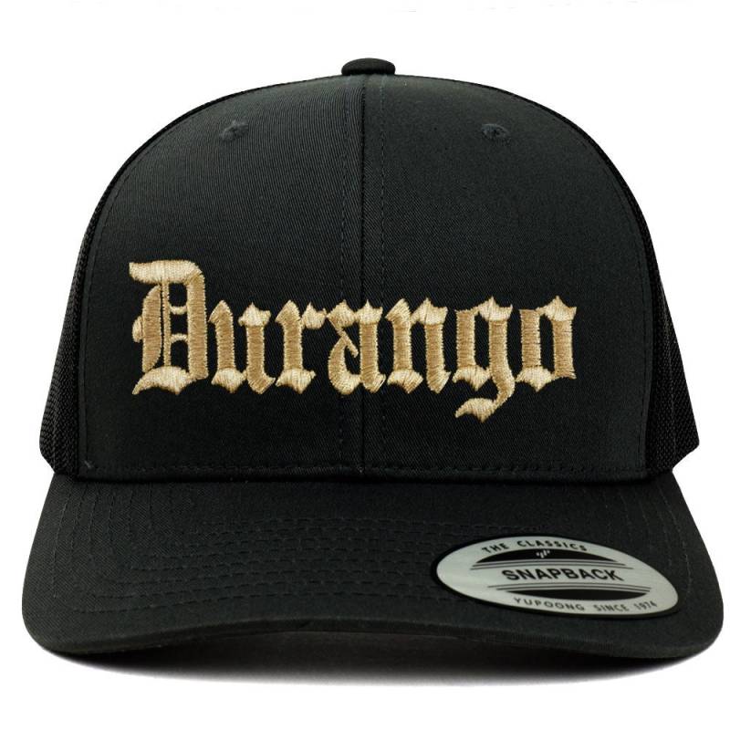 stitchfy Old English Durango Gold Bestickte Retro Trucker Mesh Cap | Sf-Txt2675-G-Flx-6606 von Stitchfy