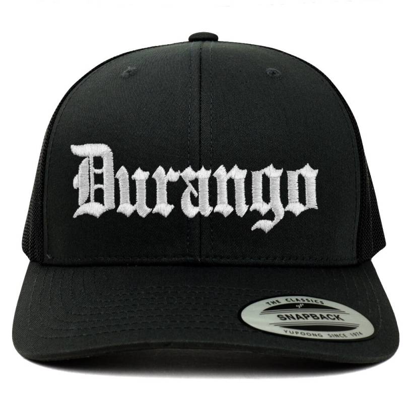 stitchfy Old English Durango Weiß Bestickte Retro Trucker Mesh Cap | Sf-Txt2675-W-Flx-6606 von Stitchfy