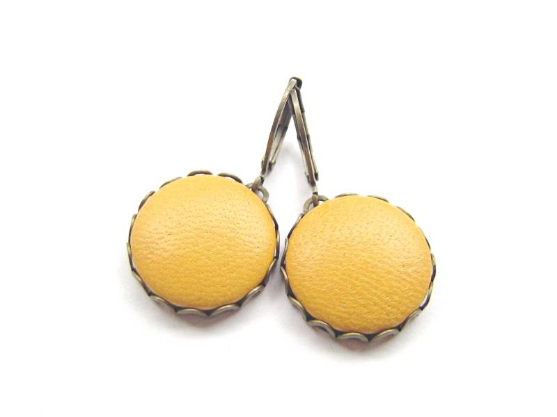 Ohrhänger Leder Herbstgelb Mustard Ø 25 Mm - Runde Statement Ohrringe Bronze Schmuck Frauen Herbst Winter Nickelfrei von Stixeria
