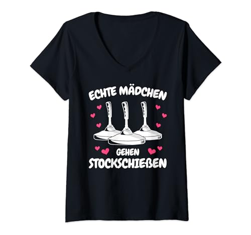 Damen Stockschießen Mädchen gehen Stockschießen Eisstock T-Shirt mit V-Ausschnitt von Stockschütze Eisstockschießen Eisstock