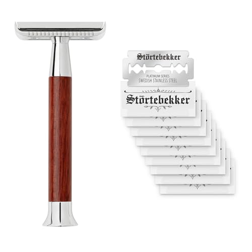 NEU: Störtebekker® Premium Rasierhobel Herren Riga | Hochwertiger Nassrasierer mit Rosenholzgriff und Magnet zur sicheren Aufnahme von Rasierklingen | Safety Razor inkl. 10 Rasierklingen aus Edelstahl von Störtebekker Shaving Accessories