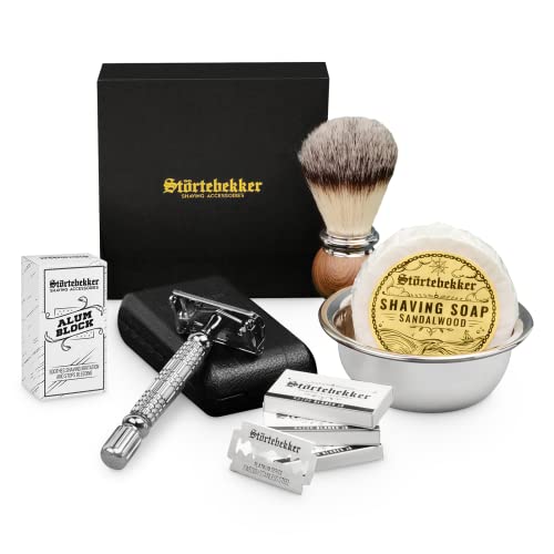 Störtebekker® Premium Rasierhobel Set für Herren im handgefertigten Lederetui - Rasierset mit Rasierpinsel, Rasierschale Edelstahl, Rasierseife, Alaunstein und Rasierklingen - Bartpflege Set Männer von Störtebekker Shaving Accessories