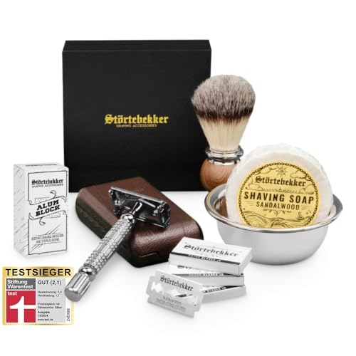Störtebekker® Premium Rasierhobel Set für Herren im handgefertigten Lederetui - Rasierset mit Rasierpinsel, Rasierschale Edelstahl, Rasierseife, Alaunstein und Rasierklingen - Bartpflege Set Männer von Störtebekker Shaving Accessories