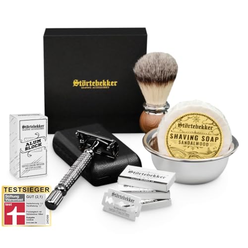 Störtebekker® Premium Rasierhobel Set für Herren im handgefertigten Lederetui - Rasierset mit Rasierpinsel, Rasierschale Edelstahl, Rasierseife, Alaunstein und Rasierklingen - Bartpflege Set Männer von Störtebekker Shaving Accessories