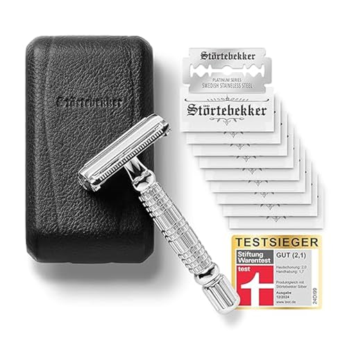 Störtebekker® Premium Rasierhobel Herren Hamburg - Rasierset mit 10 Rasierklingen & Leder-Etui - Nassrasierer Herren inkl. Reise-Etui mit Spiegel - *TESTSIEGER* Stiftung Warentest (12/2024) von Störtebekker Shaving Accessories