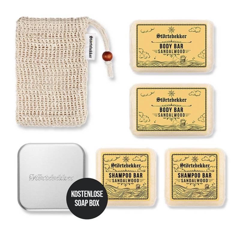 Störtebekker Feste Duschseife Duschset - Hair & Body - 2x Shampoo, 2x Body Bar, Soap Bag, Seifendose, 1-tlg., vegan, plastikfrei, natürliche Inhaltsstoffe von Störtebekker