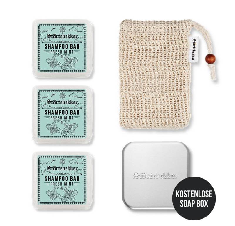 Störtebekker Festes Haarshampoo Duschset - 3x Shampoo, Soap Bag und GRATIS Seifendose, Veganes Shampoo, praktische Aufbewahrung, handgefertigt in Holland von Störtebekker