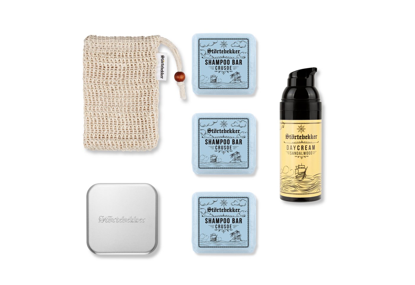 Störtebekker Festes Haarshampoo x 3 - Dusch Routine Set inkl. Tagescreme, Soap Box und Soap Bag, Spar-Set, Alles für die Dusch Routine, Sanfte Pflege für Haare & Haut - Spendet Feuchtigkeit von Störtebekker