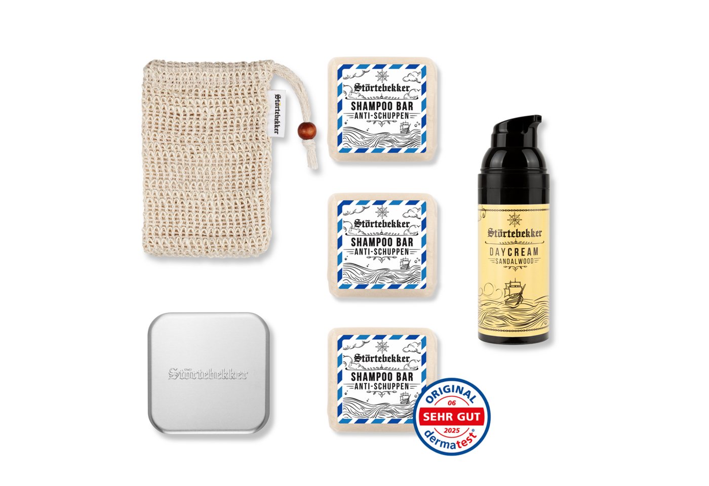 Störtebekker Festes Haarshampoo x 3 - Dusch Routine Set inkl. Tagescreme, Soap Box und Soap Bag, Spar-Set, Alles für die Dusch Routine, Sanfte Pflege für Haare & Haut - Spendet Feuchtigkeit von Störtebekker