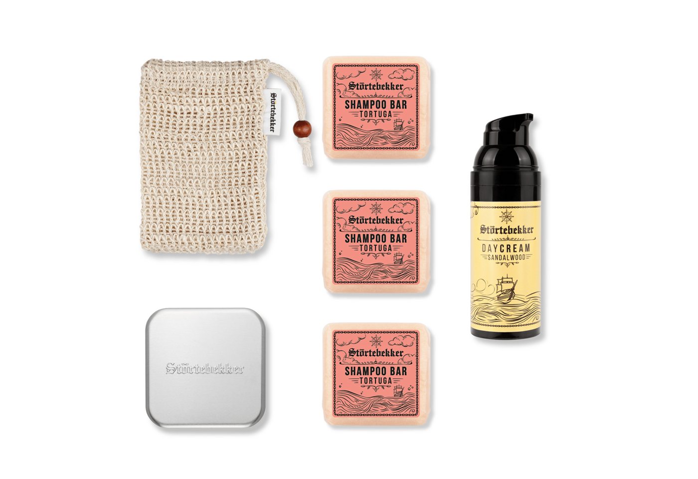 Störtebekker Festes Haarshampoo x 3 - Dusch Routine Set inkl. Tagescreme, Soap Box und Soap Bag, Spar-Set, Alles für die Dusch Routine, Sanfte Pflege für Haare & Haut - Spendet Feuchtigkeit von Störtebekker