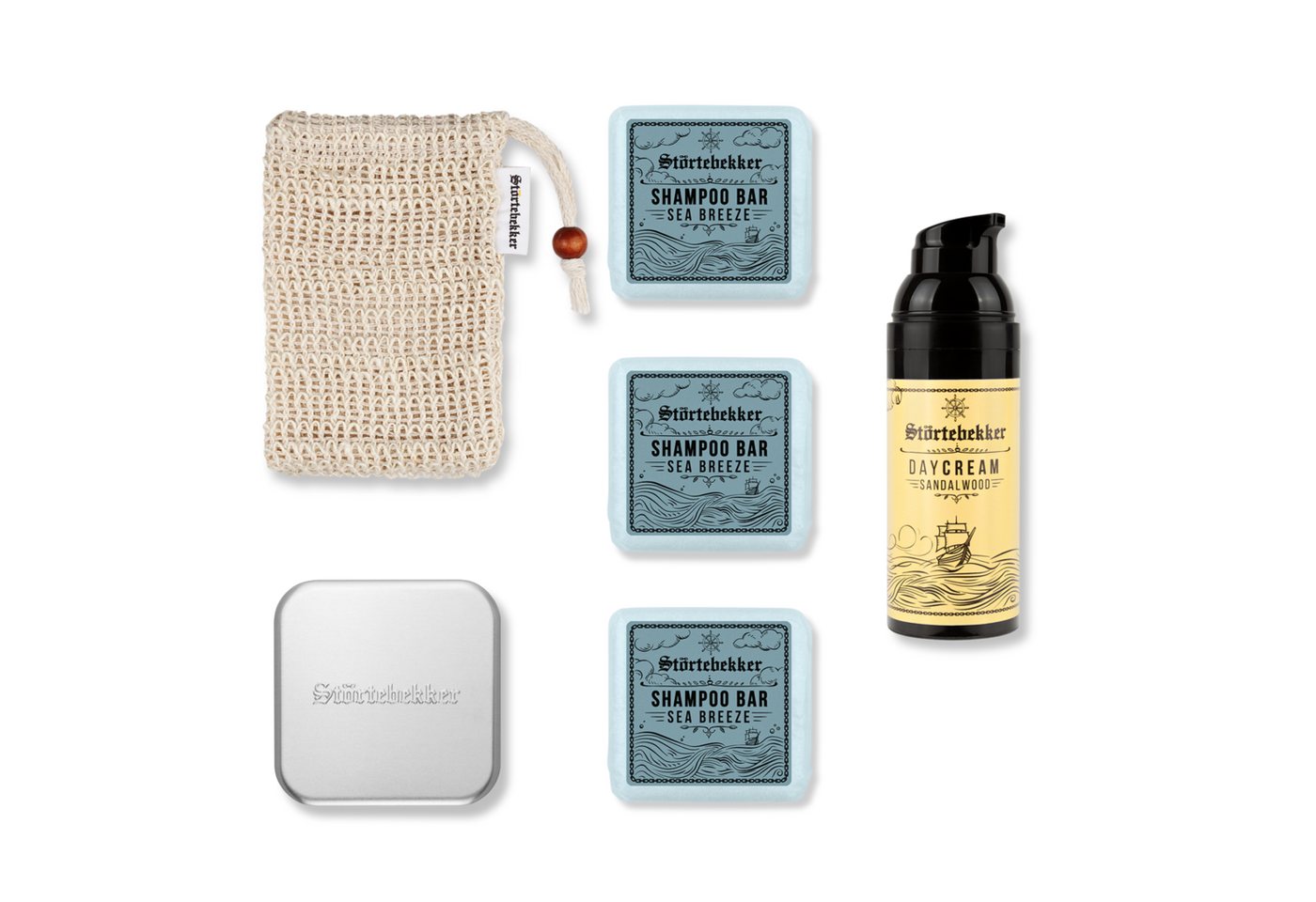 Störtebekker Festes Haarshampoo x 3 - Dusch Routine Set inkl. Tagescreme, Soap Box und Soap Bag, Spar-Set, Alles für die Dusch Routine, Sanfte Pflege für Haare & Haut - Spendet Feuchtigkeit von Störtebekker