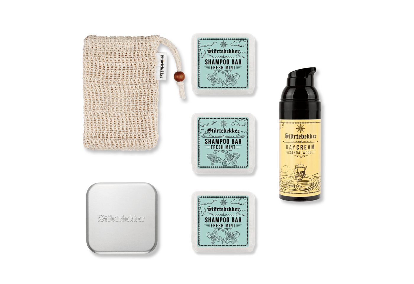 Störtebekker Festes Haarshampoo x 3 - Dusch Routine Set inkl. Tagescreme, Soap Box und Soap Bag, Spar-Set, Alles für die Dusch Routine, Sanfte Pflege für Haare & Haut - Spendet Feuchtigkeit von Störtebekker