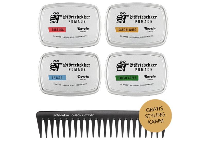 Störtebekker Haarpomade Ölbasiert Probierset, mit 4 herrlichen Düften plus Styling-Kamm von Störtebekker
