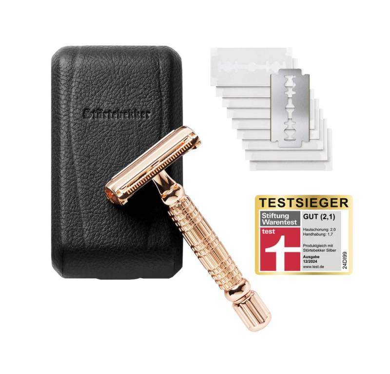 Störtebekker Rasierhobel Herren - Rosé-Gold - im handgefertigten Lederetui inkl. 10 Klingen, perfekt für Einsteiger von Störtebekker