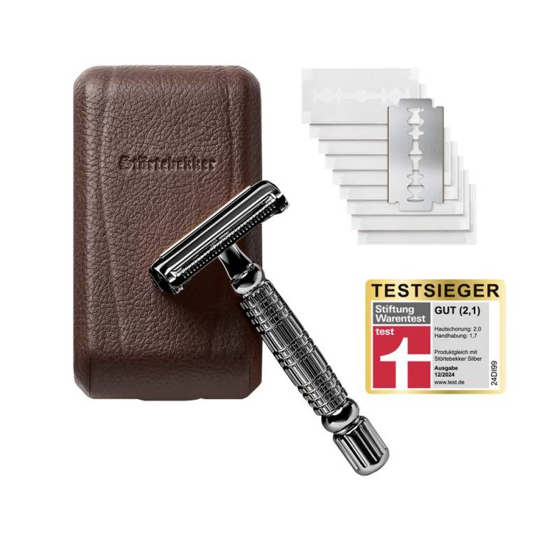Störtebekker Rasierhobel Herren - Schwarz - im handgefertigten Lederetui inkl. 10 Klingen, perfekt für Einsteiger von Störtebekker